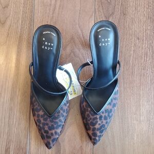 A new day Brown Mesh See ThroughLeopard Print Pointed Toe Slingback Mules SIZE 7